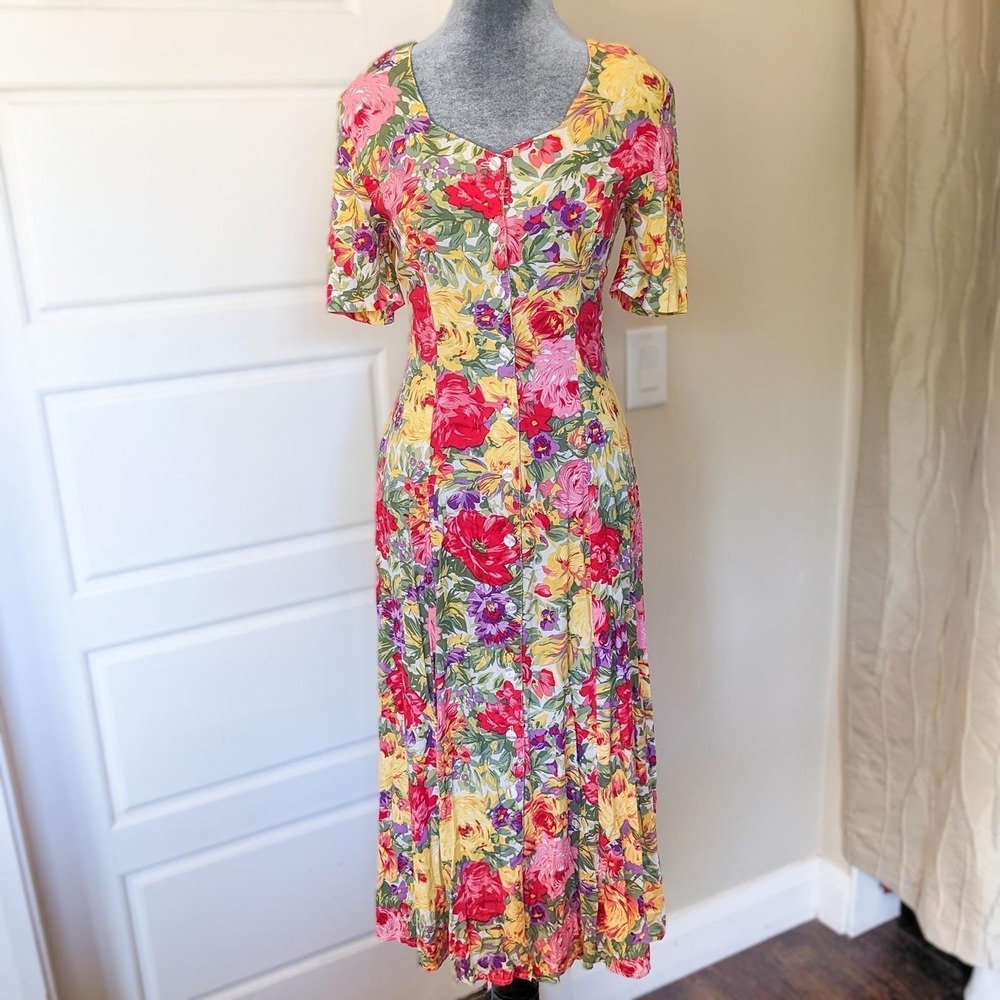 Vintage 90s Floral Corset Back Dress S Button Front Cottagecore Grunge Midi